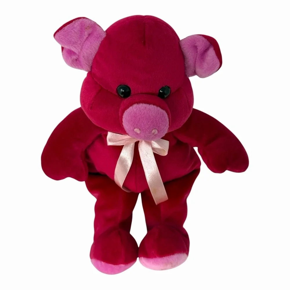 Kellytoy Magenta Pink Pig Plush Stuffed Animal Bean Bag Toy with‎ Ribbon 9 inch